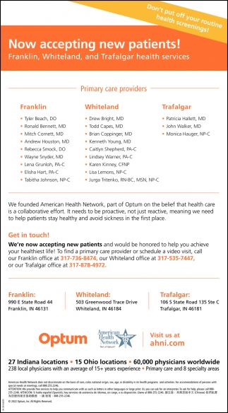 Now Accepting New Patients!, American Health Network, Franklin, IN